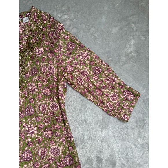 Soft Surroundings Top Womens Small Green Purple Floral Ruffle V Neck Button Down - Picture 6 of 14